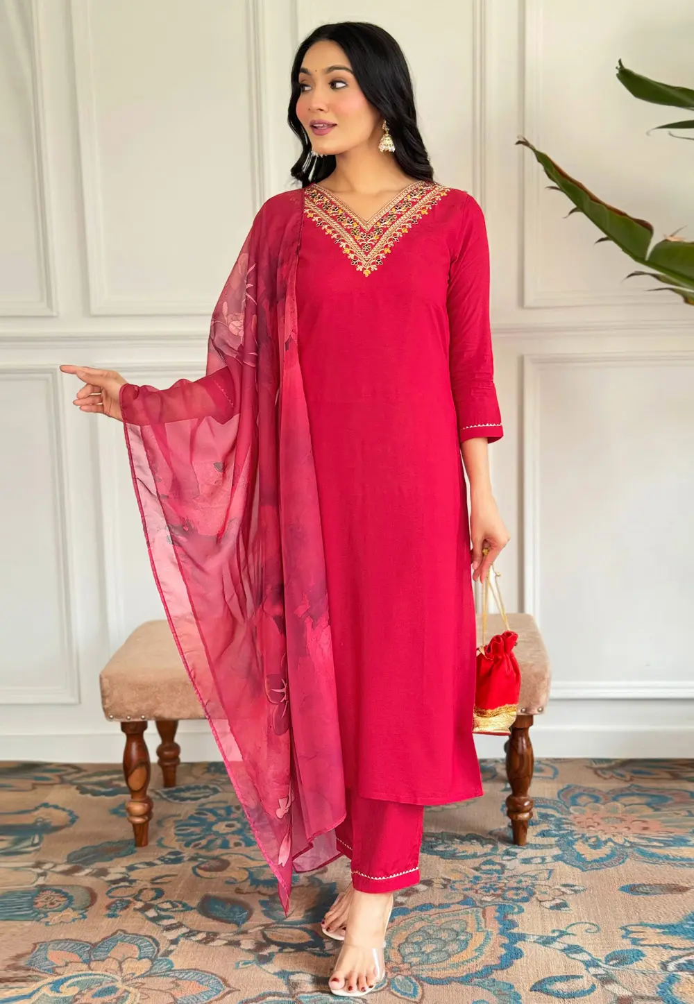 Magenta Viscose Rayon Readymade Pakistani Suit 300529