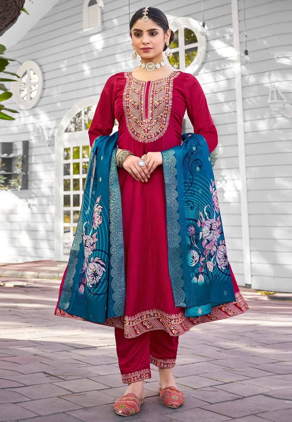 Magenta Viscose Readymade Anarkali Suit 303661