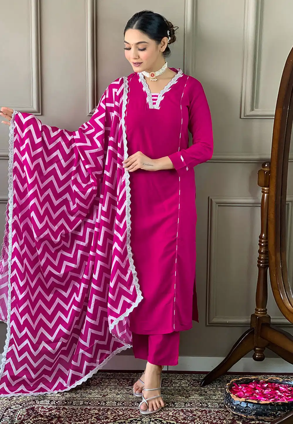 Magenta Viscose Readymade Pant Style Suit 289418