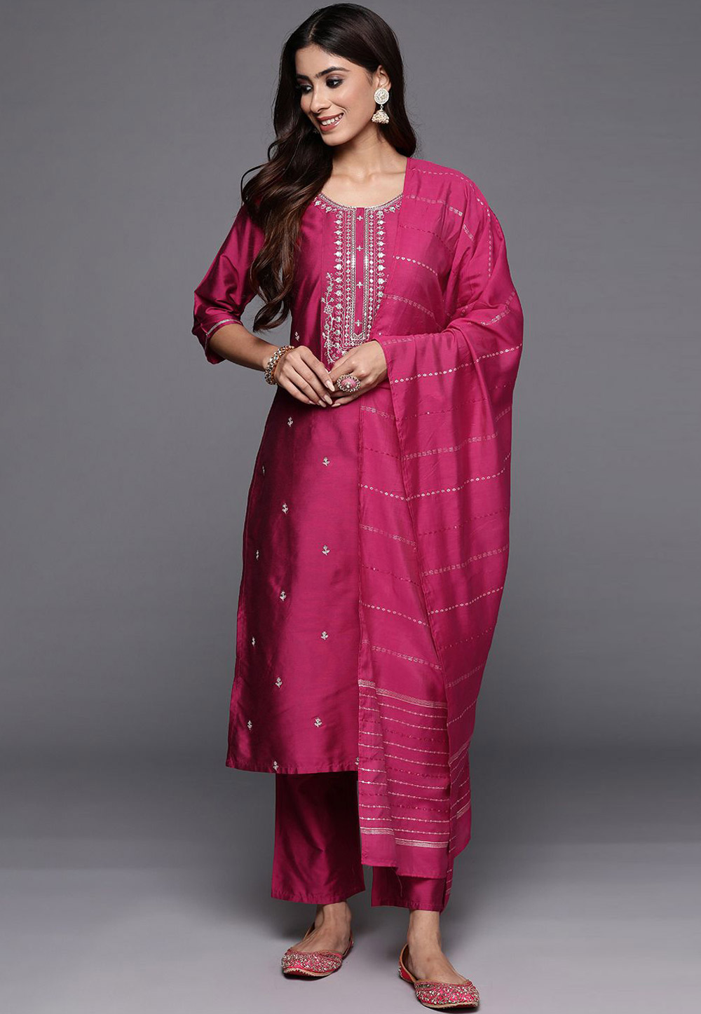 Magenta Viscose Readymade Pant Style Suit 309479