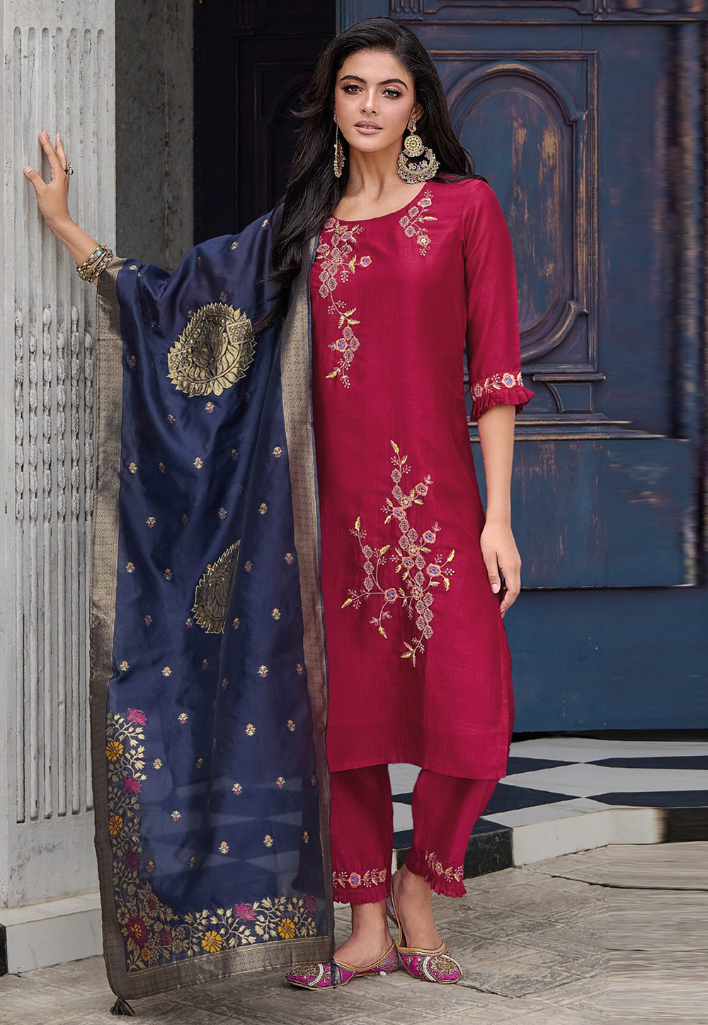 Magenta Viscose Readymade Pant Style Suit 309484