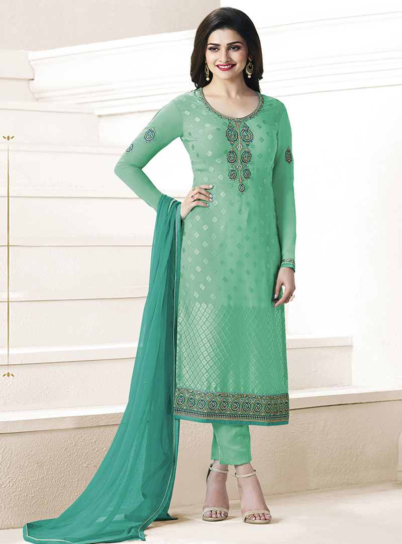 Prachi Desai Sea Green Brasso Pant Style Suit 97410
