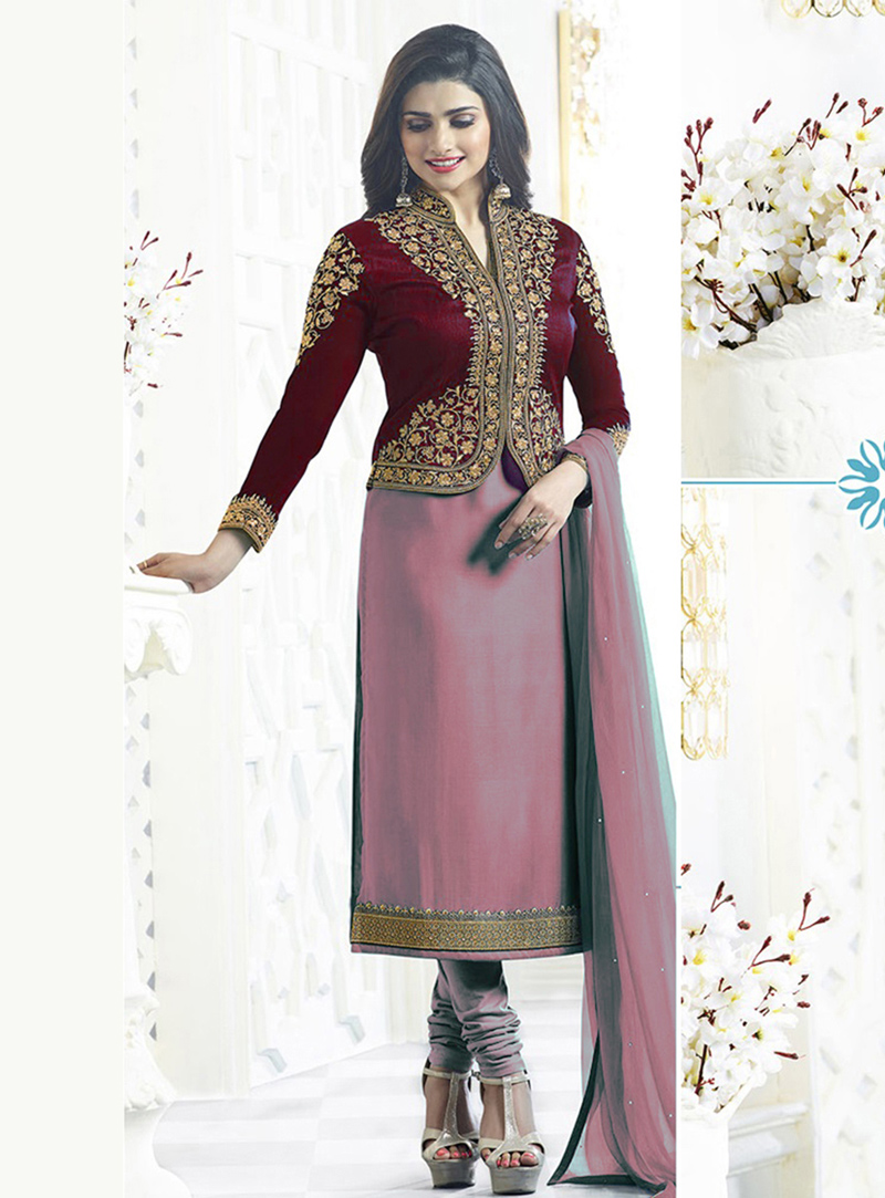 Prachi Desai Pink Georgette Churidar Salwar Suit With Jacket 96137