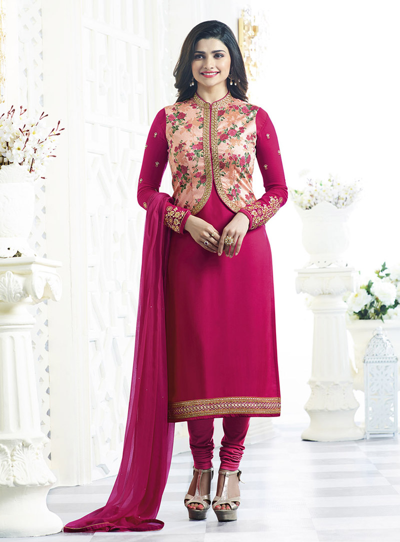 Prachi Desai Magenta Satin Jacket Style Salwar Suit 91377