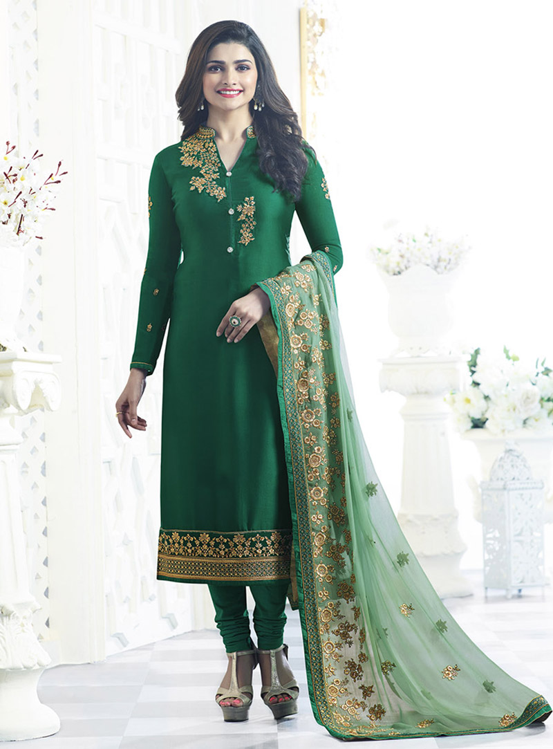 Prachi Desai Green Satin Churidar Salwar Suit 91380