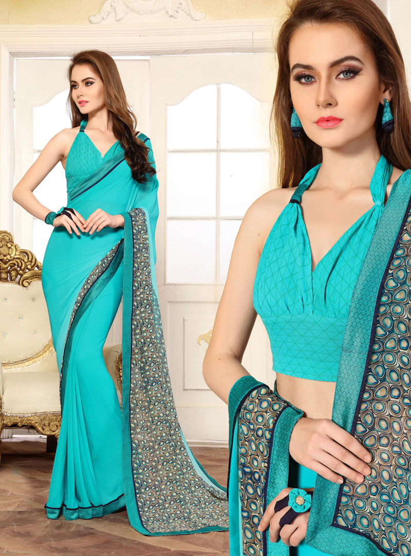 Blue Georgette Printed Saree With Blouse 101490