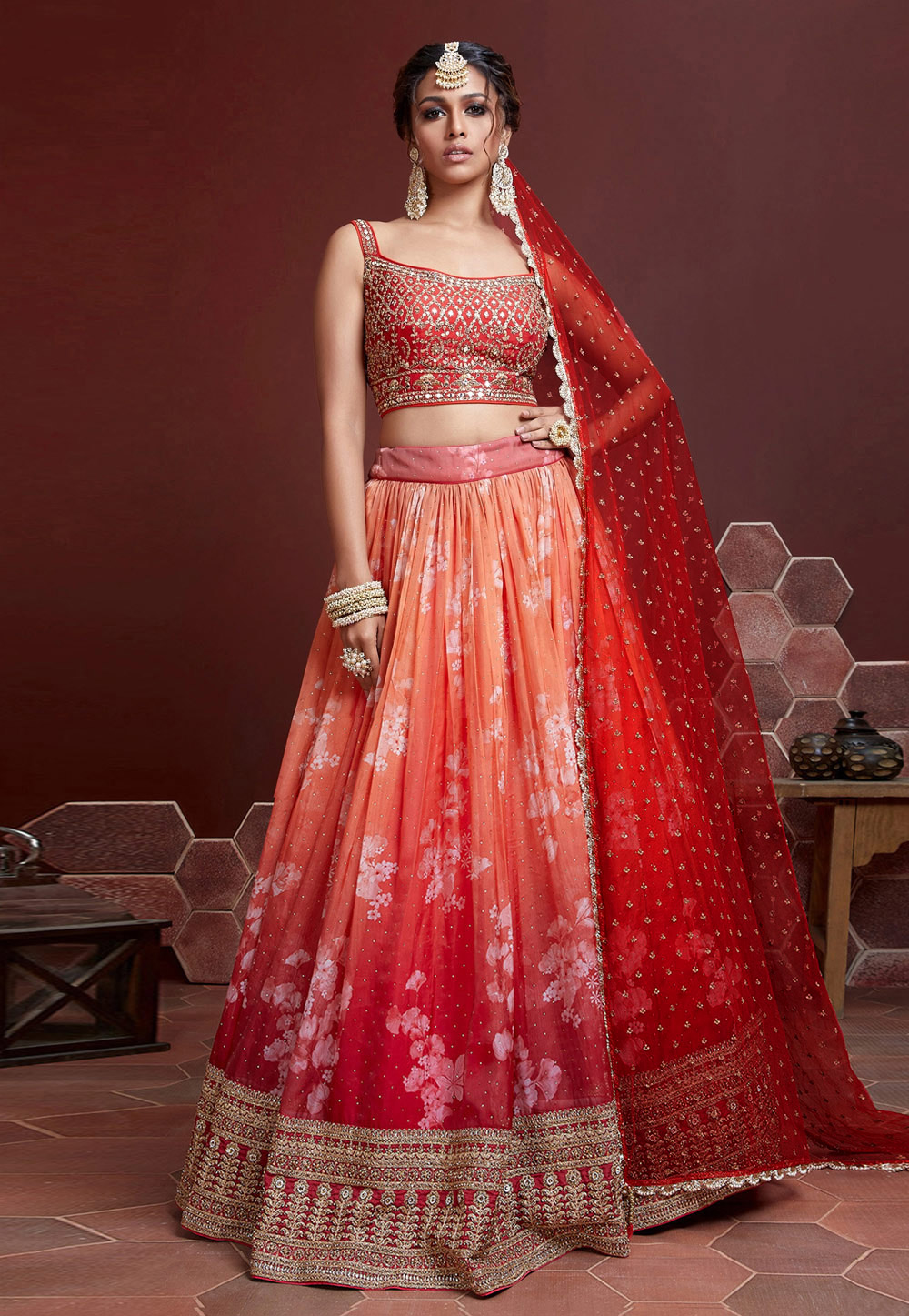 Buy Pink Ethnic Red & Orange Semi Stitched Lehenga and Unstitched Choli  with Dupatta (Set of 3) online
