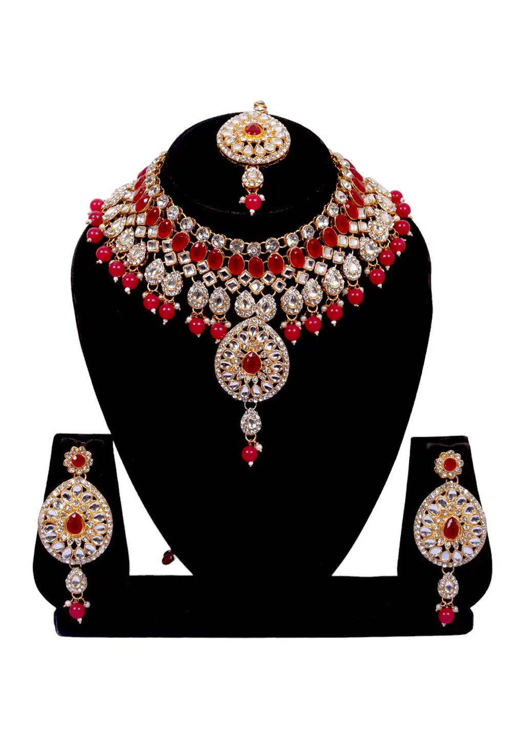 Maroon Alloy Austrian Diamonds and Kundan Necklace Set With Earrings and Maang Tikka 292908