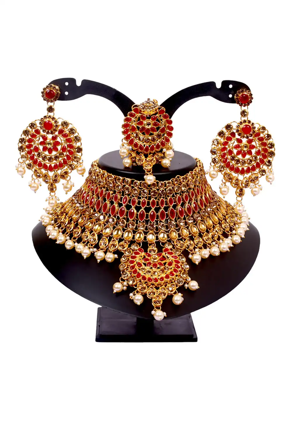 Maroon Alloy Austrian Diamonds and Kundan Necklace Set With Earrings and Maang Tikka 292910