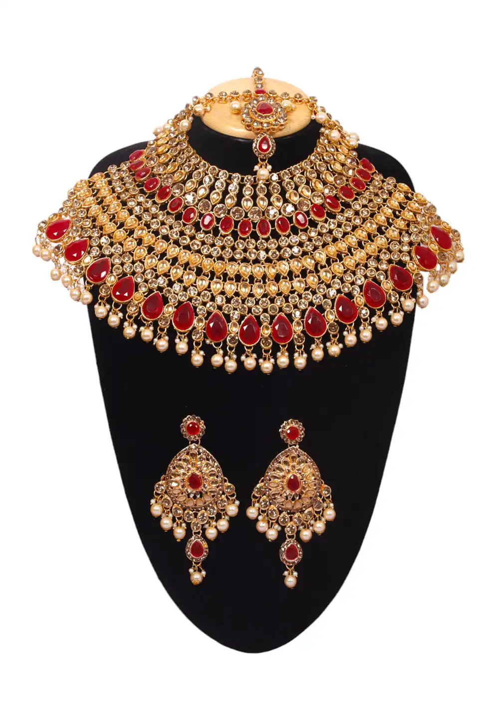 Maroon Alloy Austrian Diamonds and Kundan Necklace Set With Earrings and Maang Tikka 292921