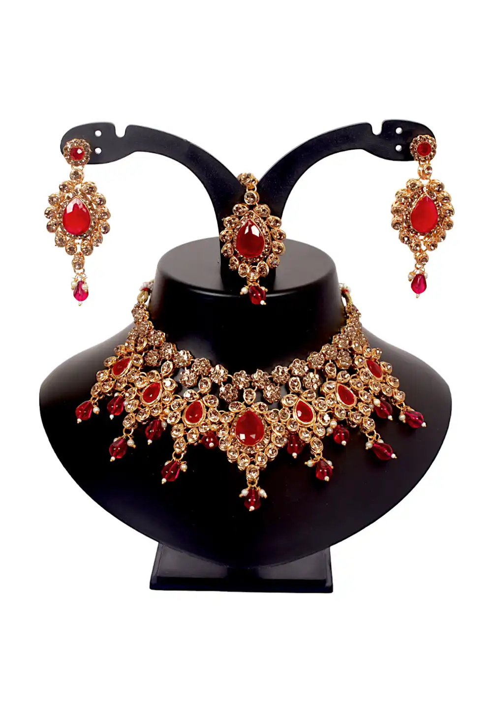 Maroon Alloy Austrian Diamonds and Kundan Necklace Set With Earrings and Maang Tikka 292949