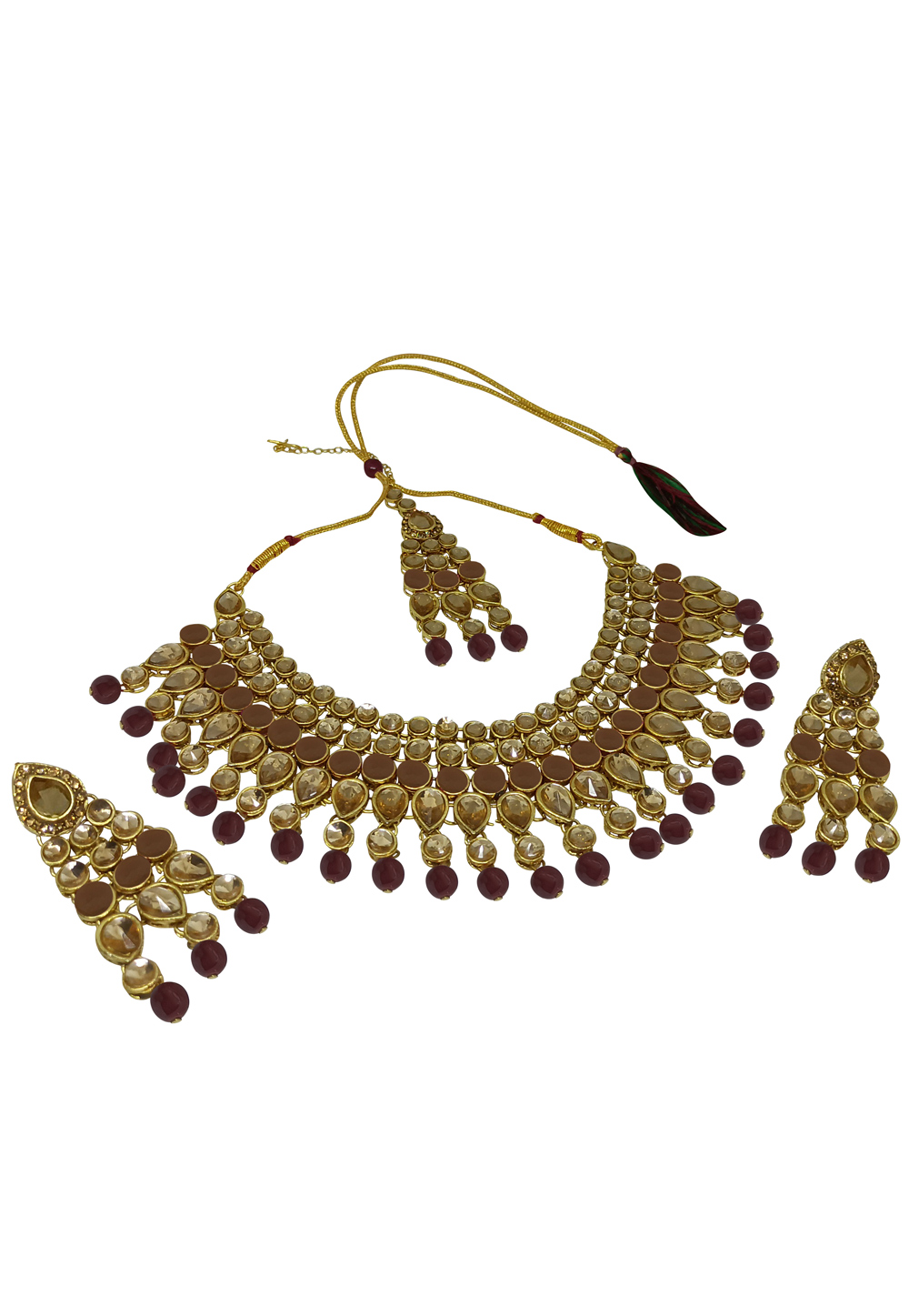 Maroon Alloy Austrian Diamonds and Kundan Necklace Set With Earrings and Maang Tikka 280091