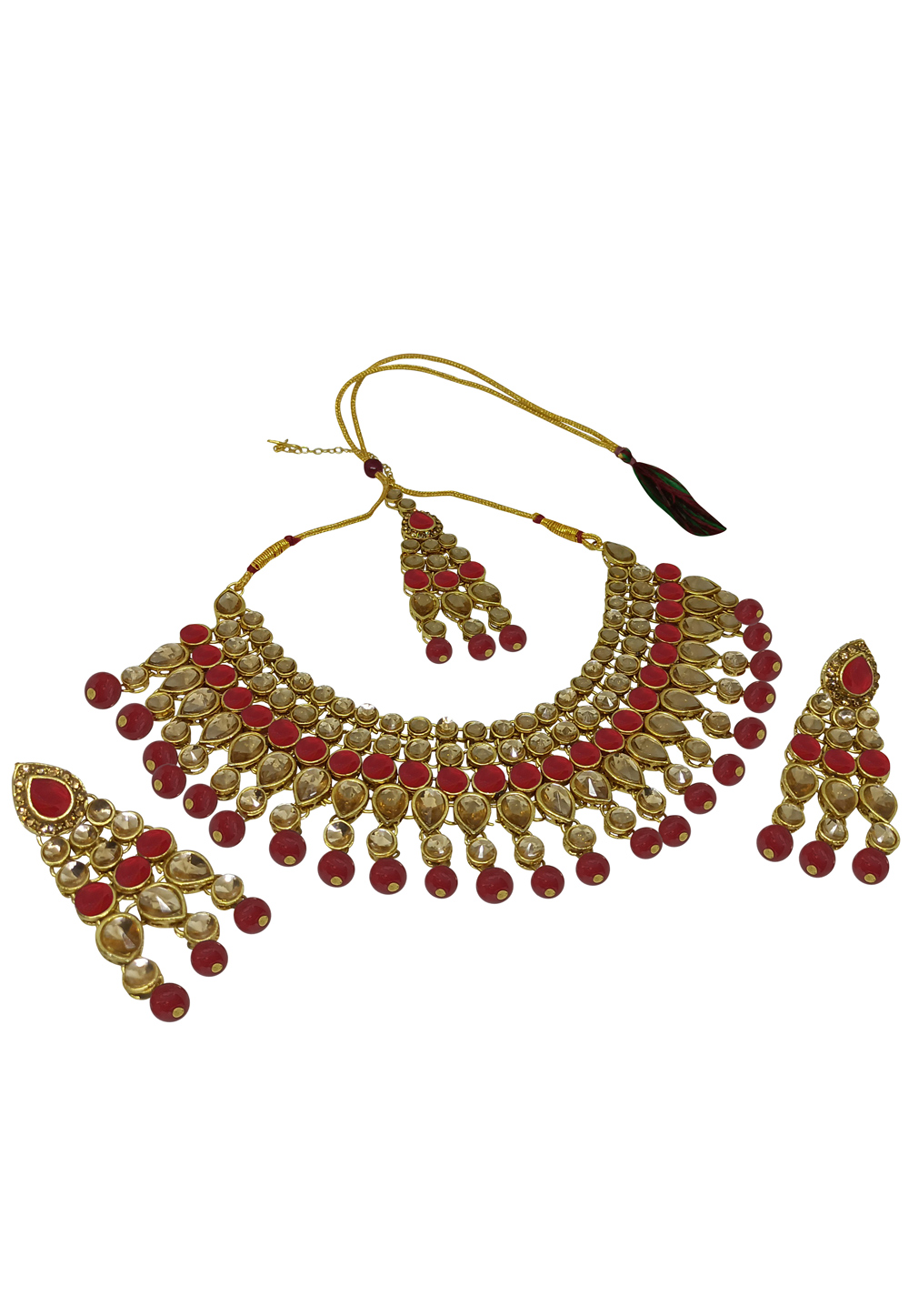 Maroon Alloy Austrian Diamonds and Kundan Necklace Set With Earrings and Maang Tikka 280093