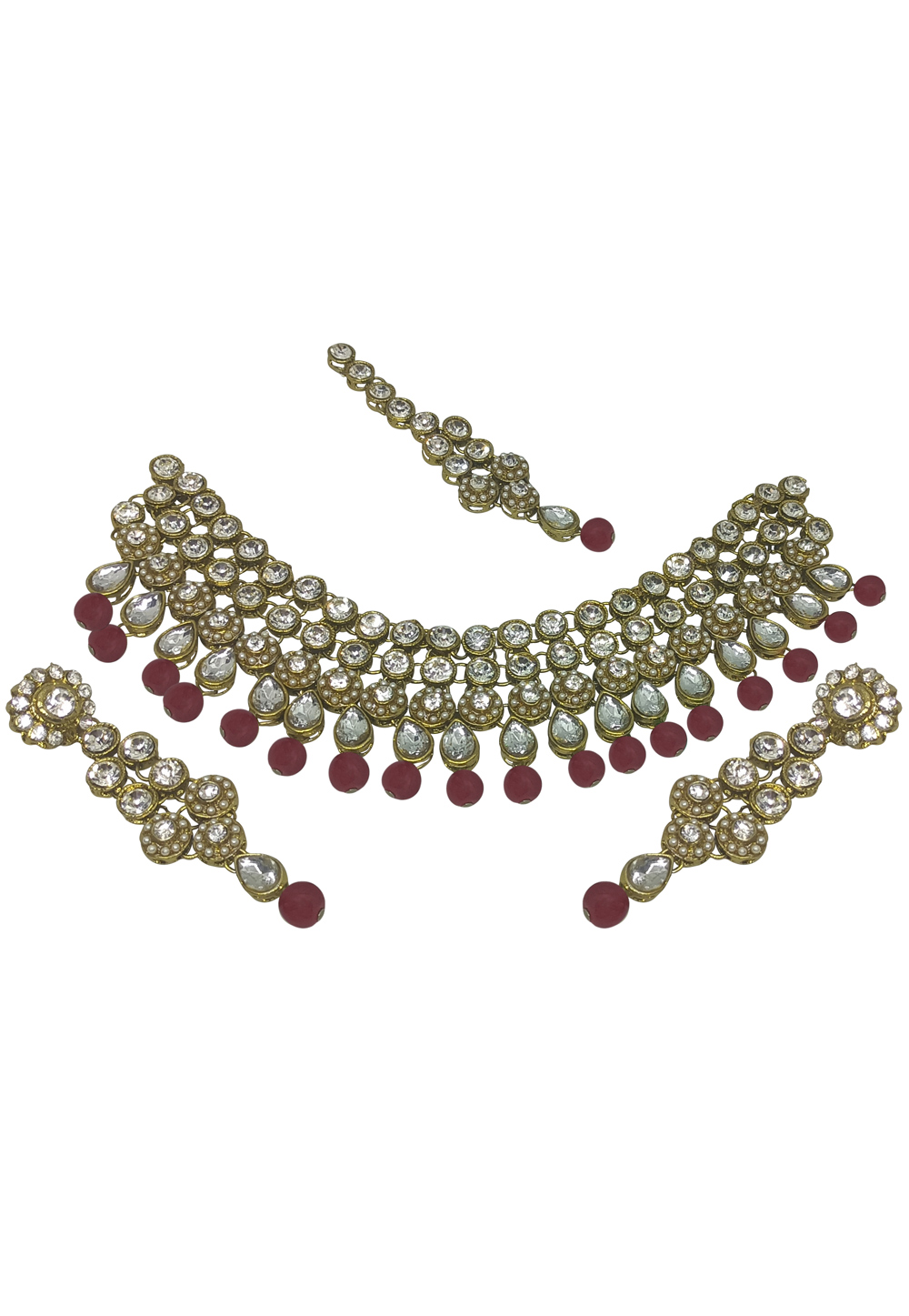 Maroon Alloy Austrian Diamonds and Kundan Necklace Set With Earrings and Maang Tikka 280122