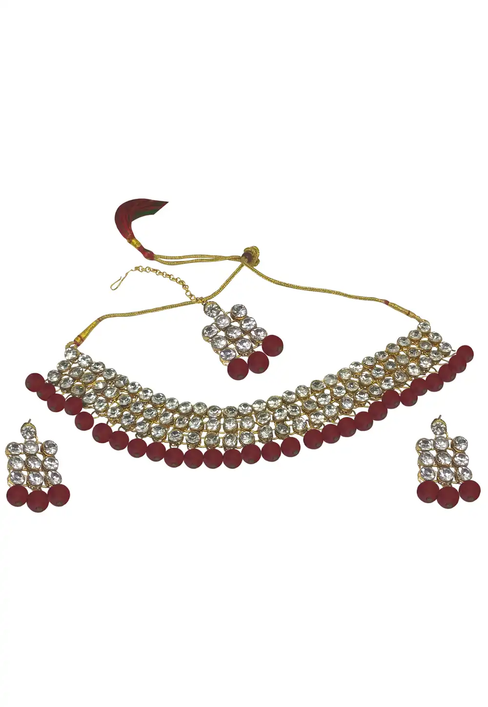 Maroon Alloy Austrian Diamonds and Kundan Necklace Set With Earrings and Maang Tikka 289940
