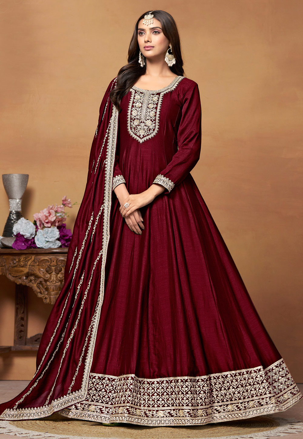 Maroon Art Silk Long Anarkali Suit 287475