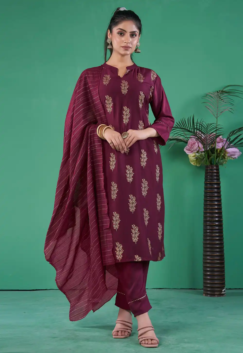 Maroon Art Silk Readymade Pakistani Suit 293995