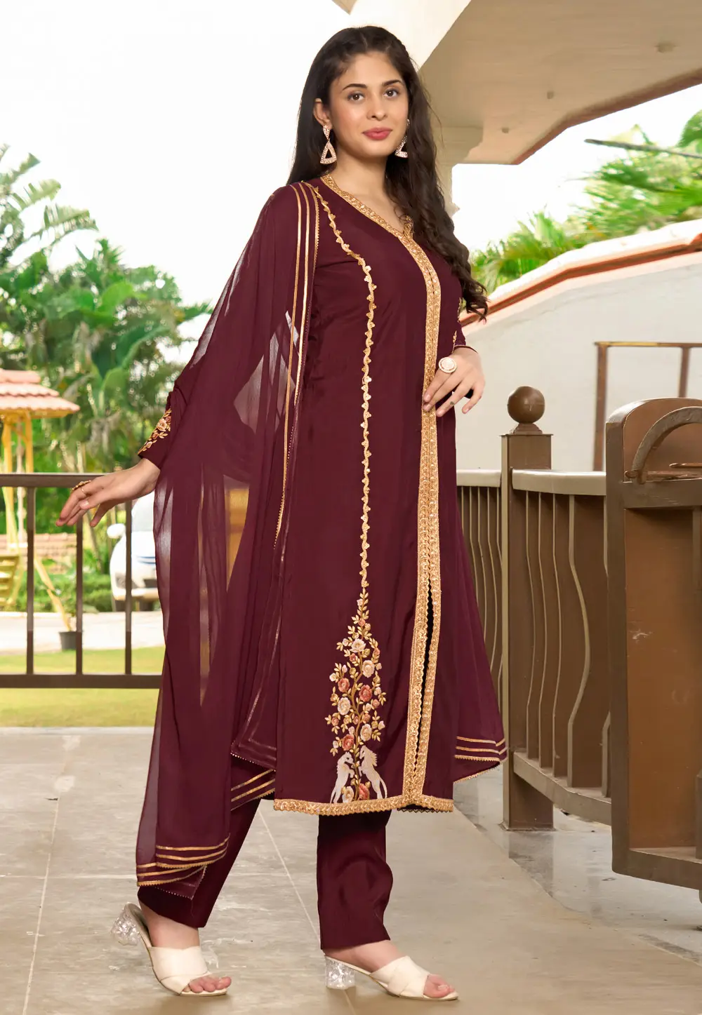 Maroon Art Silk Readymade Pakistani Suit 296776