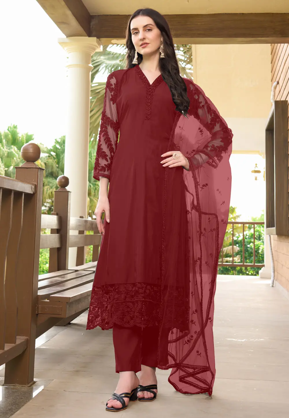 Maroon Art Silk Readymade Pakistani Suit 300593