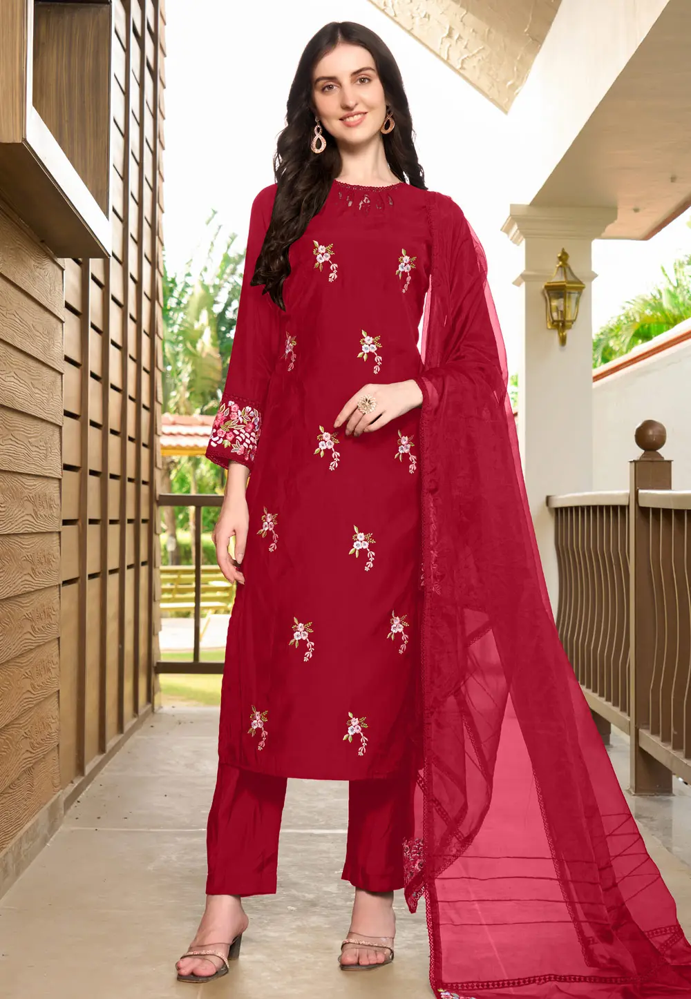 Maroon Art Silk Readymade Pakistani Suit 303317