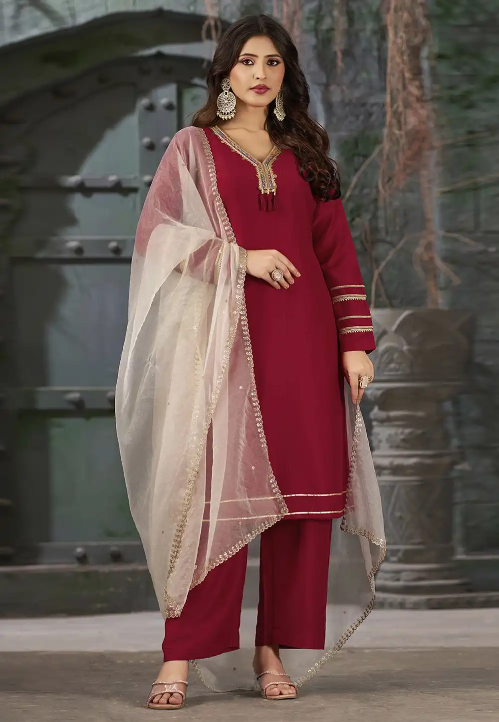 Maroon Art Silk Readymade Pakistani Suit 294185