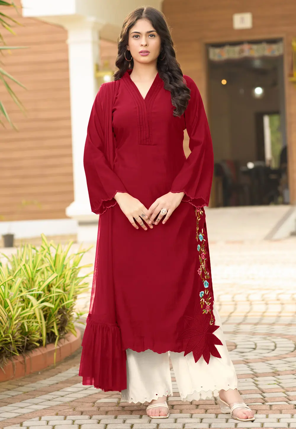 Maroon Art Silk Readymade Palazzo Suit 303322