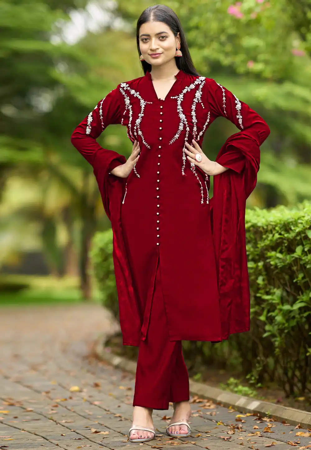 Maroon Art Silk Readymade Pant Style Suit 293342