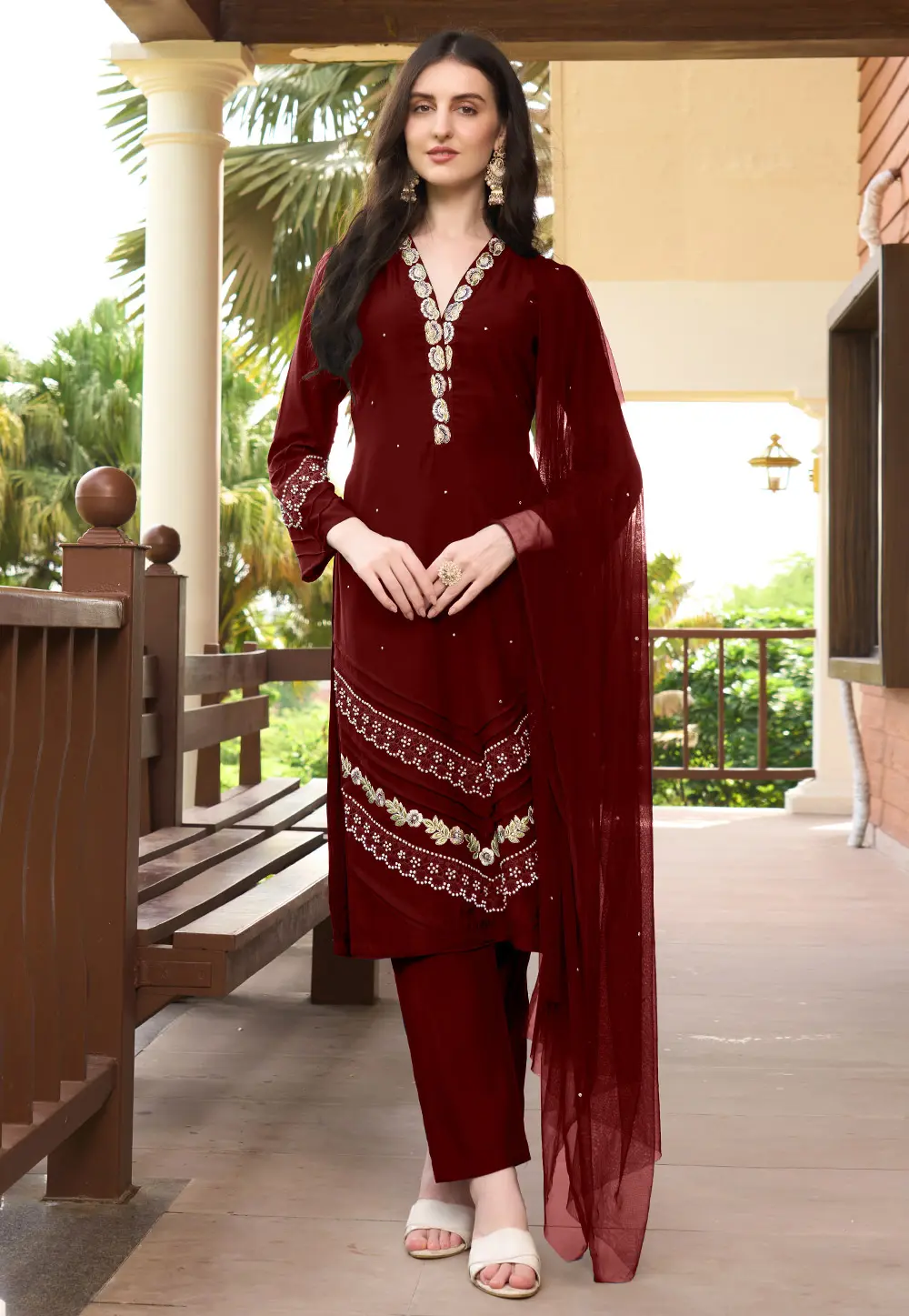 Maroon Art Silk Readymade Pant Style Suit 300603