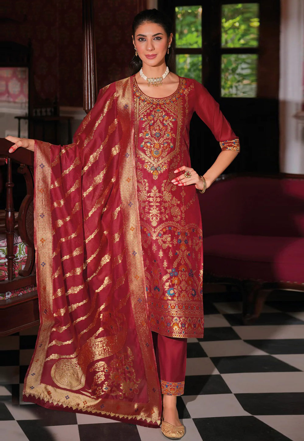 Maroon Banarasi Jacquard Readymade Pant Style Suit 307094