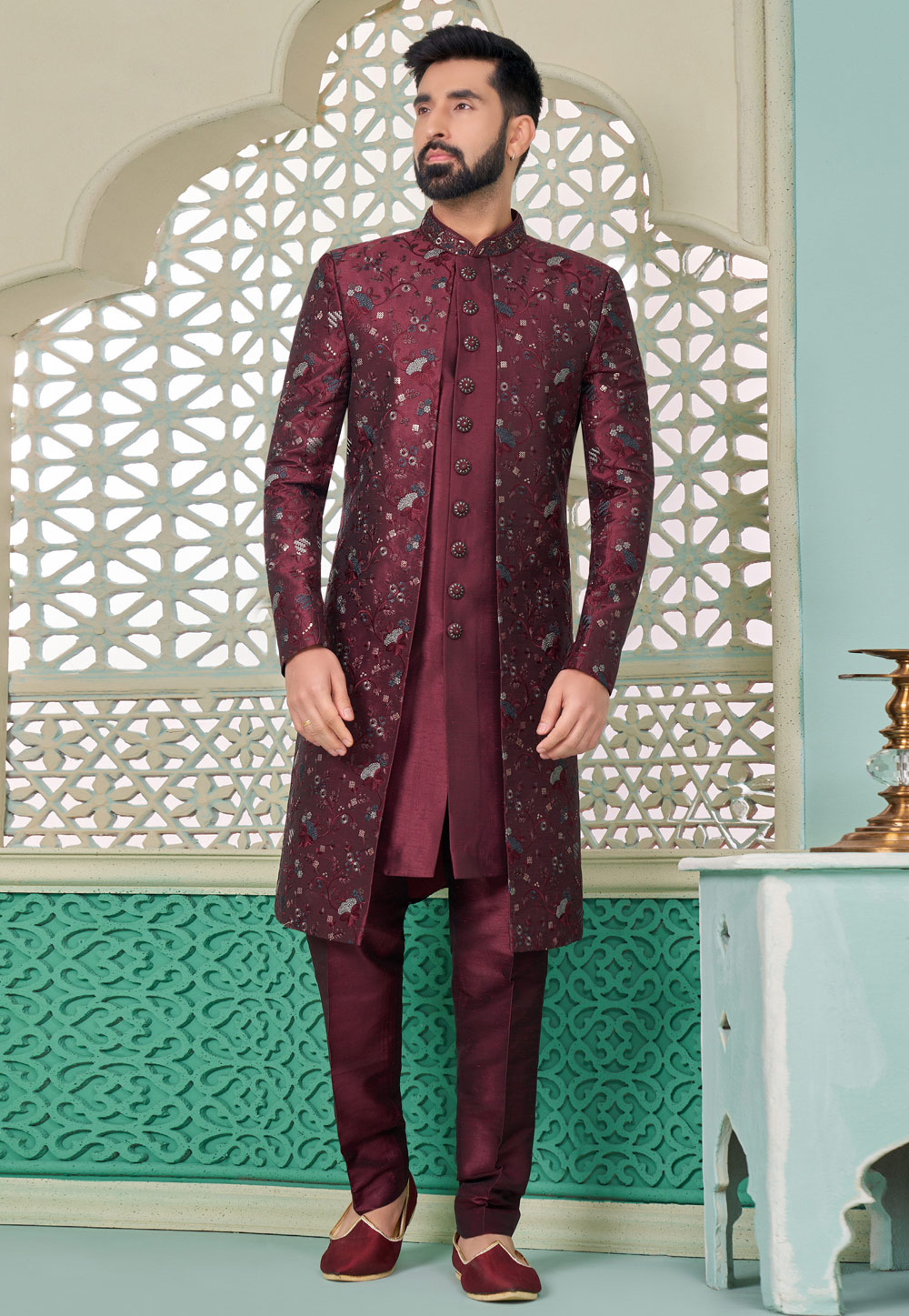 Maroon Banarasi Silk Jacket Style Sherwani 285347