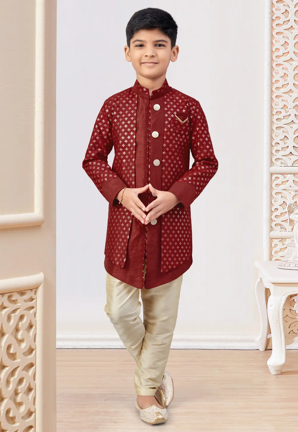 Maroon Banarasi Silk Kids Indo Western Suit 301320