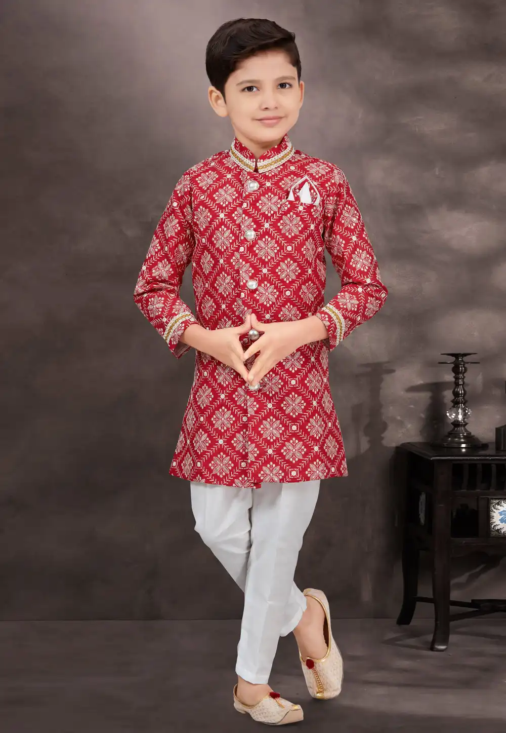 Maroon Banarasi Silk Kids Indo Western Suit 292994