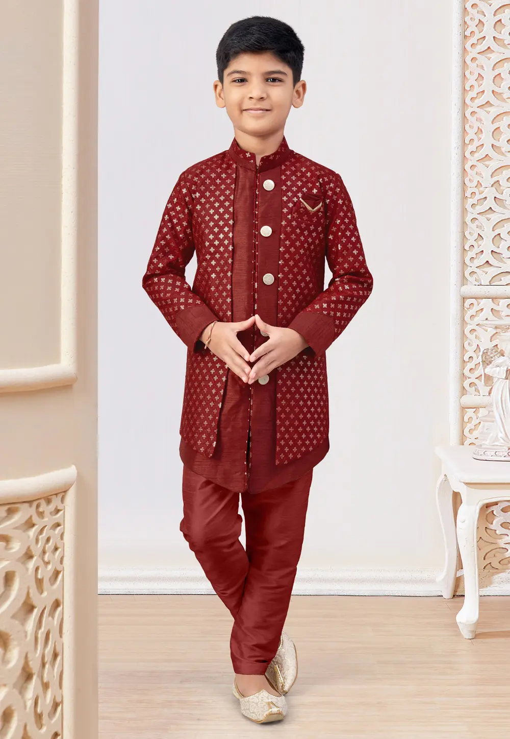 Maroon Banarasi Silk Kids Indo Western Suit 303799