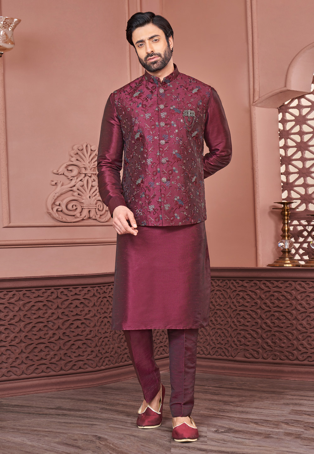 Maroon Banarasi Silk Kurta Pajama With Jacket 278249