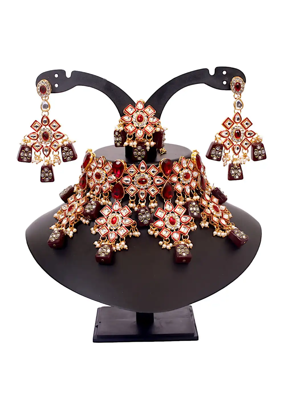 Maroon Brass Austrian Diamonds and Kundan Necklace Set With Earrings and Maang Tikka 292895