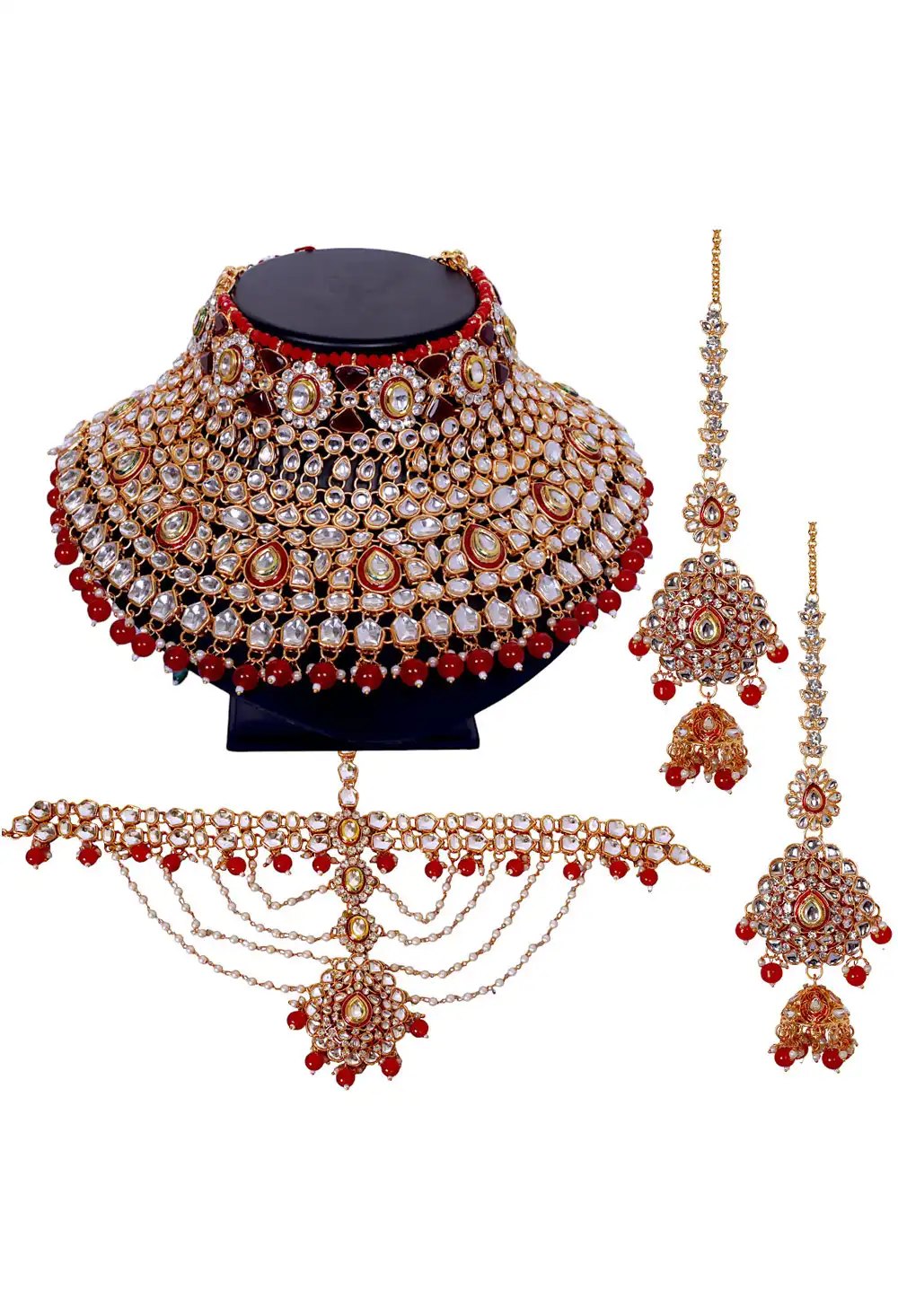 Maroon Brass Austrian Diamonds and Kundan Necklace Set With Earrings and Maang Tikka 292914