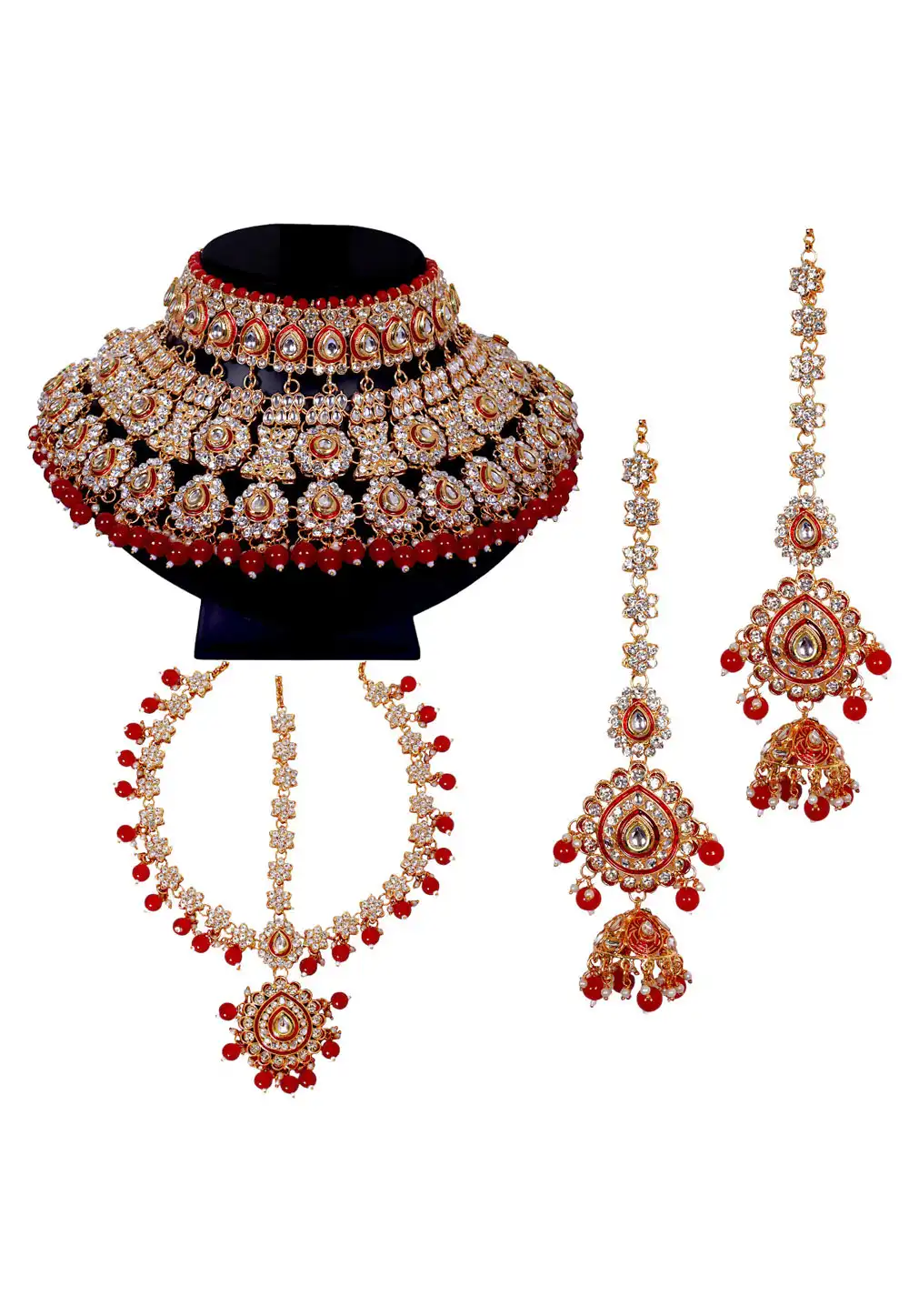 Maroon Brass Austrian Diamonds and Kundan Necklace Set With Earrings and Maang Tikka 292926