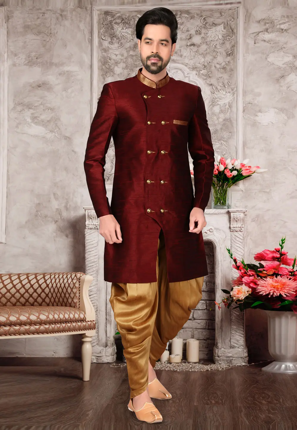 Maroon Brocade Silk Indo Western Suit 302959