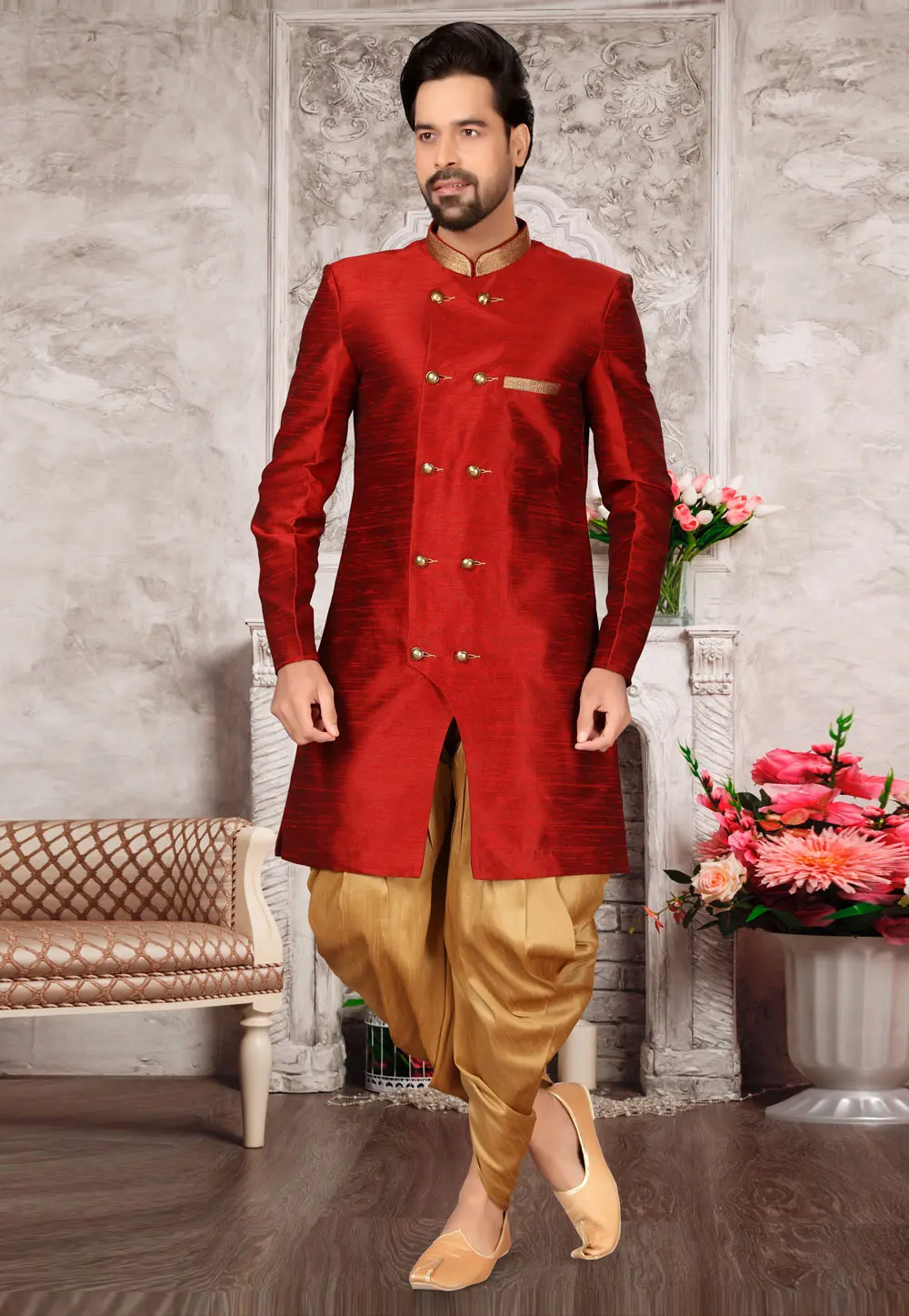 Maroon Brocade Silk Indo Western Suit 302963