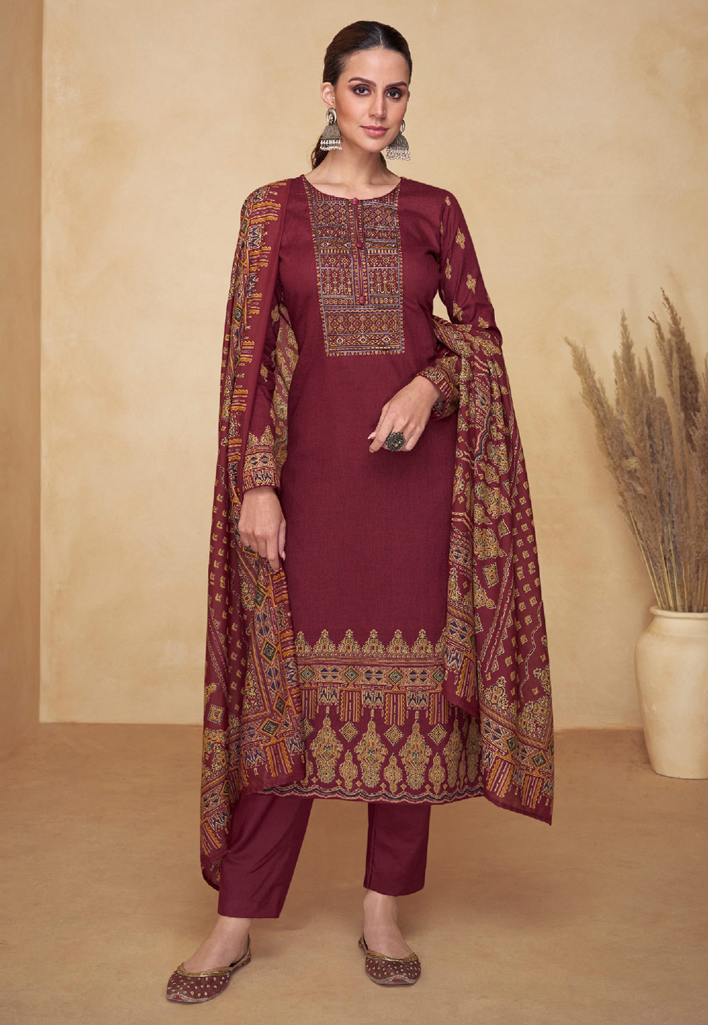Maroon Cambric Cotton Pant Style Suit 286875