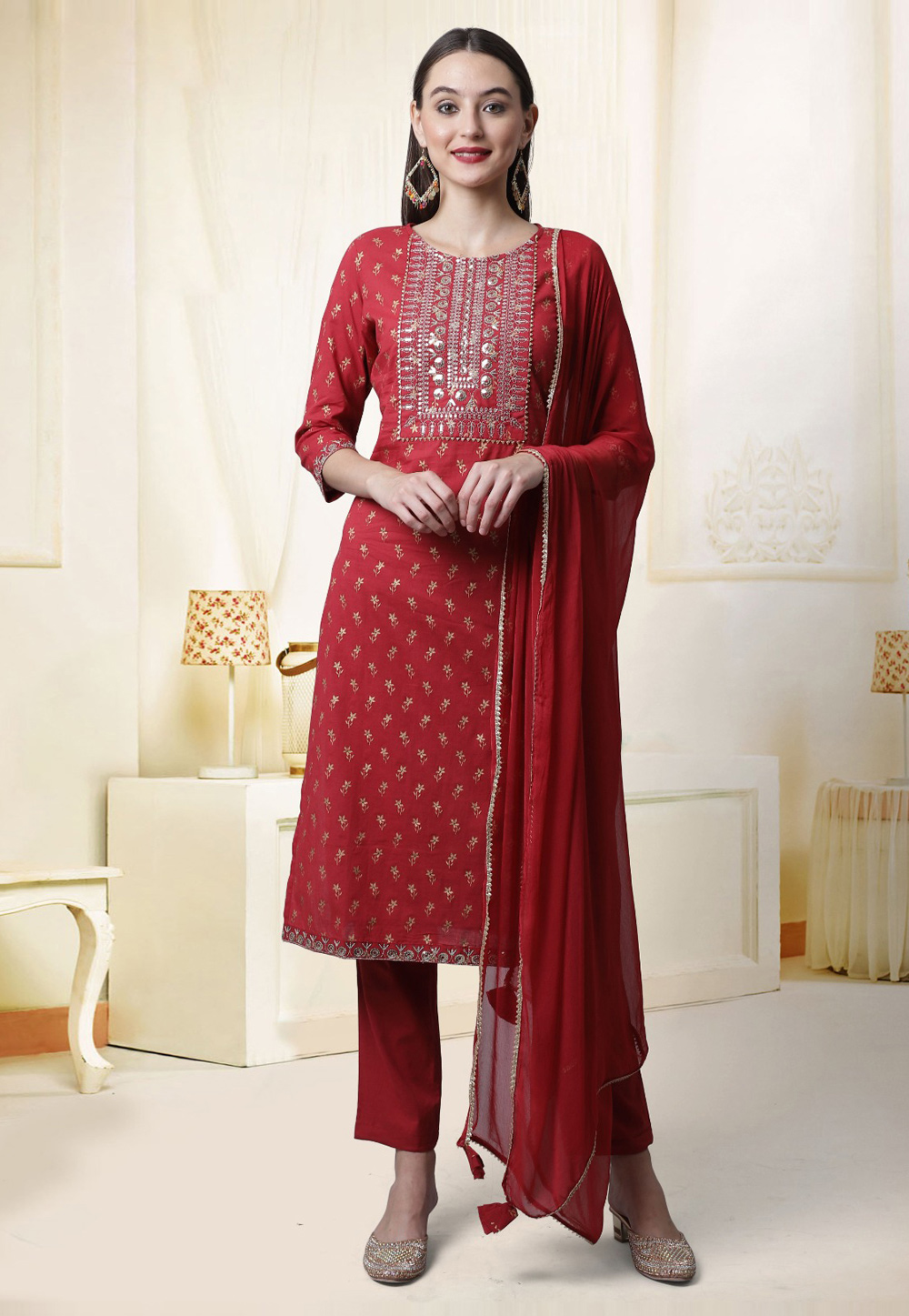 Maroon Cambric Cotton Readymade Pant Style Suit 278221