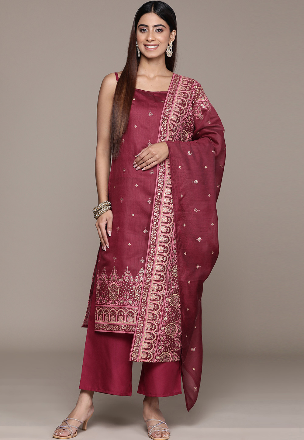 Maroon Chanderi Readymade Palazzo Suit 305579