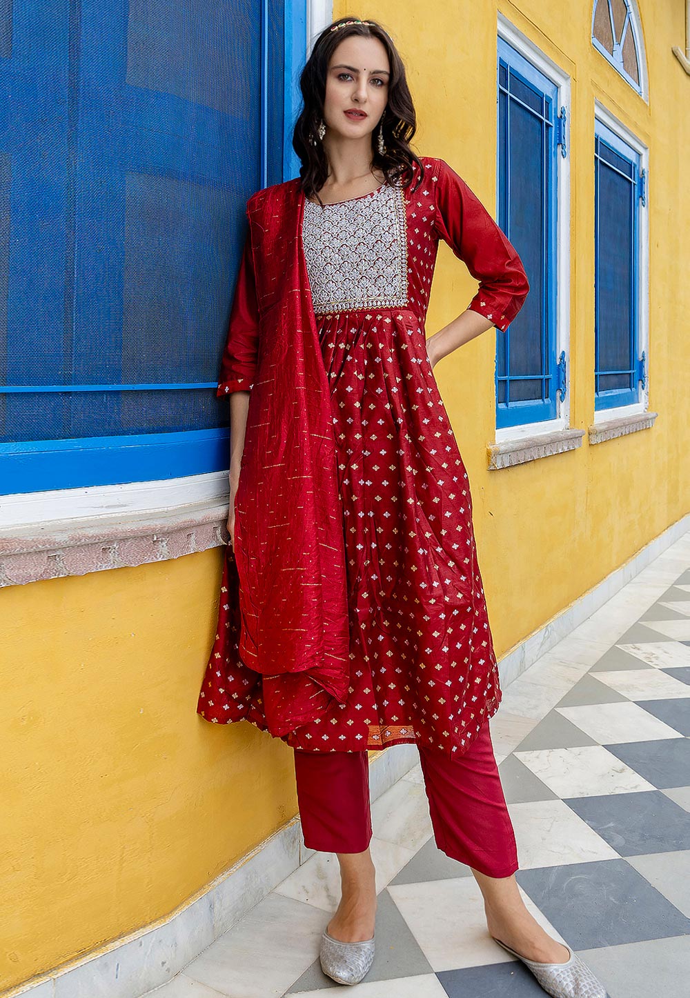 Maroon Chanderi Readymade Pant Style Suit 310198
