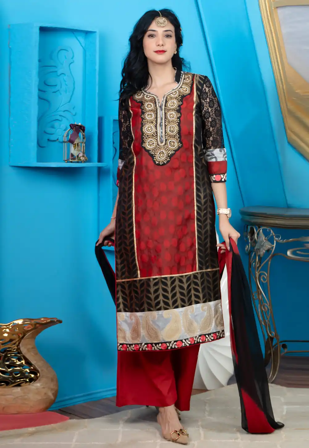 Maroon Chanderi Silk Readymade Palazzo Suit 293101