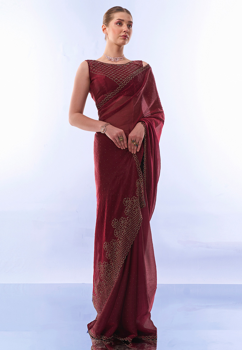 Maroon Chiffon Saree With Blouse 287828