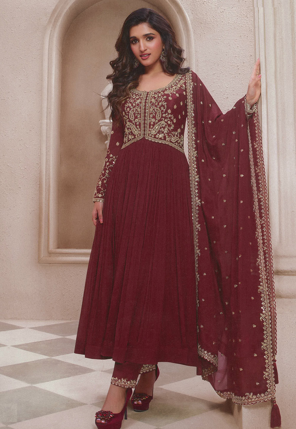 Maroon Chinon Anarkali Suit 287103