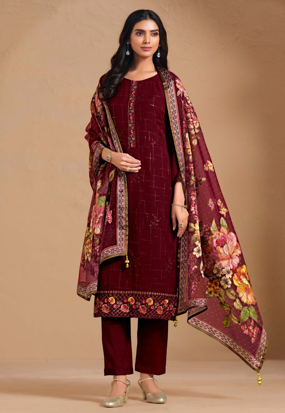 Maroon Chinon Chiffon Pakistani Suit 310638