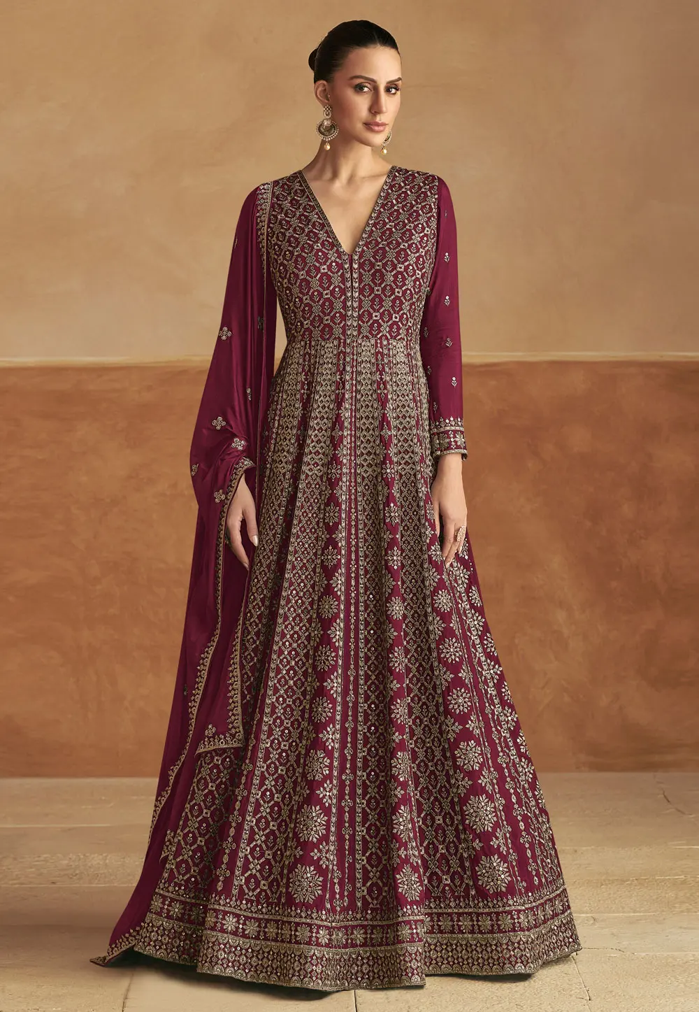 Maroon Chinon Embroidered Anarkali Suit 298640