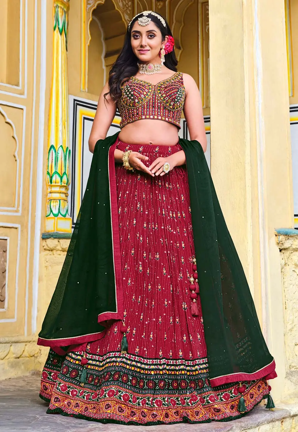 Maroon Chinon Lehenga Choli 296045