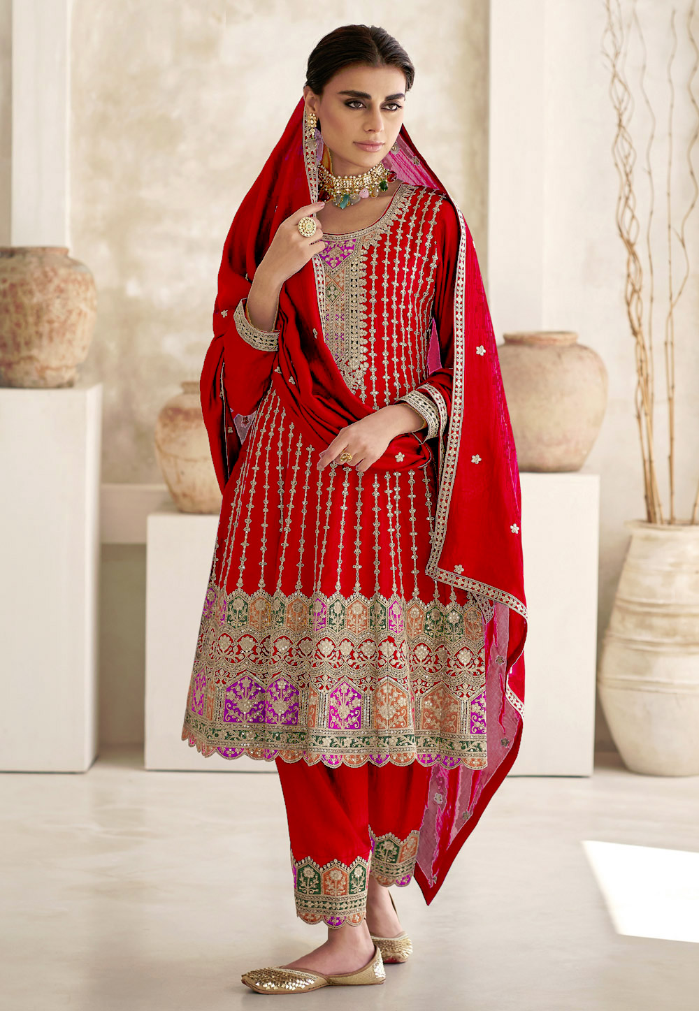 Red Chinon Pakistani Suit 284769